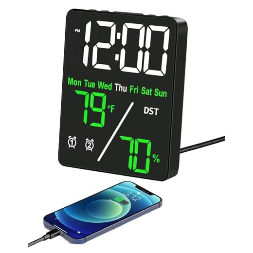 Digital LED Alarm Clock with Thermo-Hygrometer,Dual Alarms,Snooze,Date & Year Display,12/24 Hour Switch,Weekdays,DST,Auto Dimmable with 3 Brightness Levels,USB Output (5V1A) (White+Green Digits)