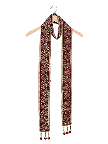 Image of DUPATTA BAZAAR Men's Maroon Embroidered Velvet Stole - Dupatta, Free Size