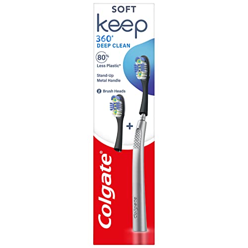 Colgate Keep 360 Deep Clean Toothbrush Starter Pack | replaceable head toothbrush | reusable metal handle | 2 x soft toothbrush replacement heads