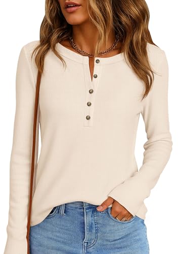 Image of PRETTYGARDEN Women's Long Sleeve Waffle Knit Henley Shirts