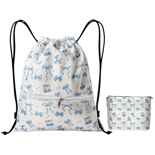 Image of nnOuOnn Bow Waterproof Drawstring Swimming Bag for Kids, Cute Bows Large Capacity Drawstring Combination Backpack Swim Gym PE Bag with Zipper for Women Girls School Travel (Blue)