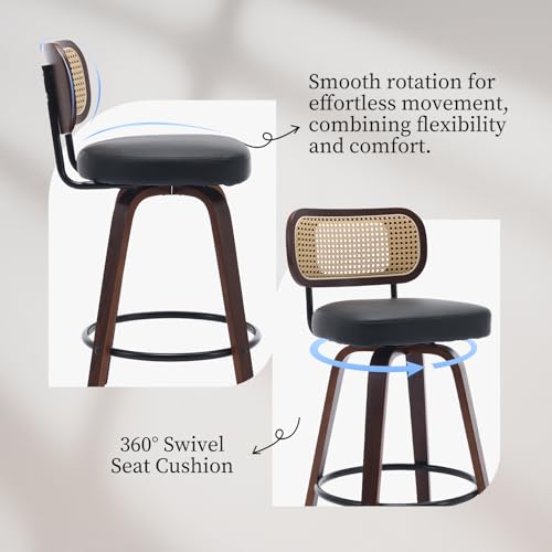 Image of Swivel Counter Height Bar Stools Set of 4, 26 inch Bar Chairs with Curved Rattan Back, Upholstered PU Leather, Walnut Craftsmanship, Mid Century Modern Counter Stools for Kitchen Counter, Black