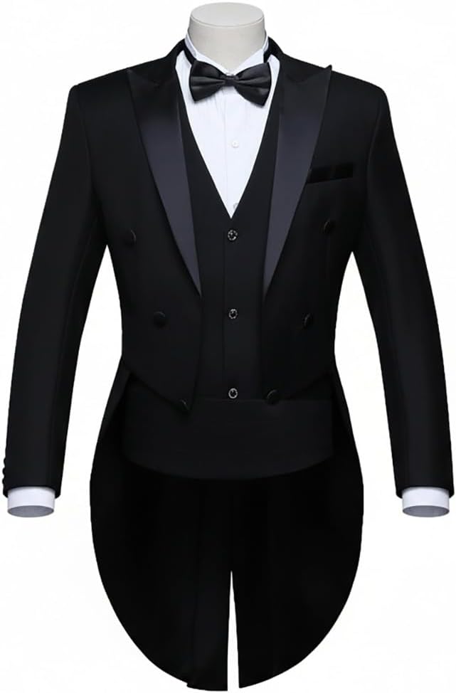 Adult Professional Magician Performance Costume Set Formal Tuxedo Tailcoat Suit with Bow Tie 4-Piece Show Wear