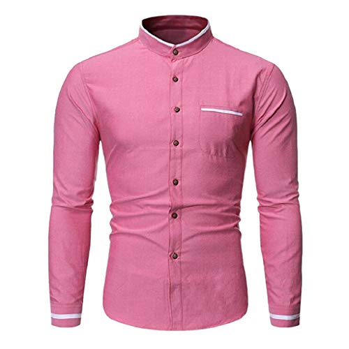 IMJONO Shirt for Men Anniversary Activity Fashion Solid Business Long Sleeve Turn-Down Collar Shirts Hot Pink