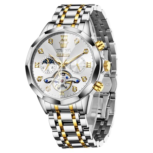 Image of OLEVS Automatic Men Watch Self Winding Mechanical Moon Phase Business Luxury Diamond Dress Stainless Steel Waterproof Luminous Mens Wrist Watch