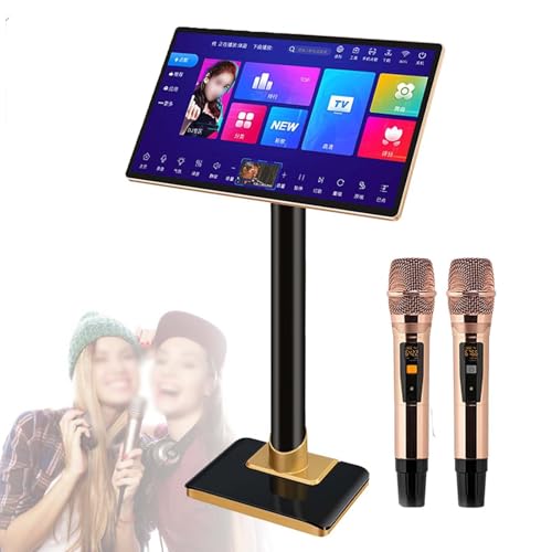 Reproductor de karaoke con pantalla táctil de 19 pulgadas, 2 micrófonos de reverberación, función amplificador, 20 idiomas, control por aplicación móvil, millones de canciones para fiestas y