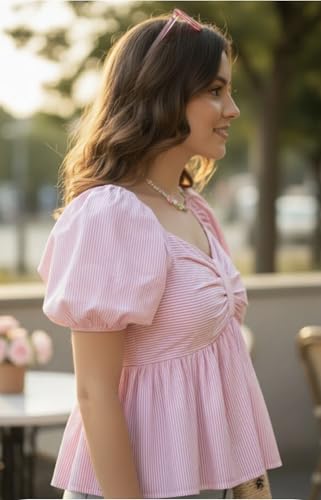 Image of KARMA APPAREL Women's Stylish Puff Sleeve Ruched Bow Front Top | Trendy Casual Summer Wear for Girls | Soft Lightweight Western Top for Daily & Vacation Outfit