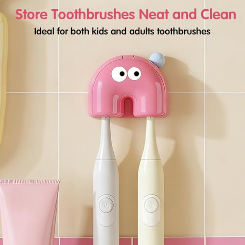 Image of HASTHIP Wall-Mounted Tooth Brush Holder Bathroom, with 2 Storage Slots, Cartoon Pink Wall Adhesive Toothbrush Storage Rack with Flip Up Lid, Bathroom Toothbrush Organizer for Kids, Adults