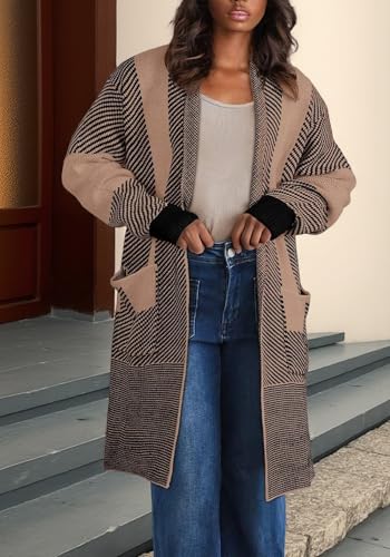 Women 2025 Fall Knit Cardigan Sweaters,Open Front Long Sleeve Striped Colorblock Coats with Pockets4