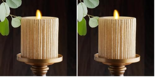Image of Luminara Metallic Embossed Pillar, Champagne Flameless LED Candle 3.25 inch x 4.5 inch, Battery Operated Real Flame Technology w /Timer Function, Paraffin Wax (Pack of 2)