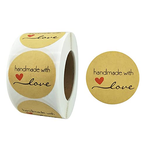 500 Stück Kraftpapier-Aufkleber,Handmade Aufkleber with "Handmade with love" ,Handgemachte Aufkleber Label,Sticker für alle Arten von Geschäften, für Umschläge, Schachteln, Tüten (Stickers 3.8cm) Cover