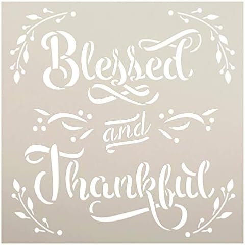 Blessed and Thankful Stencil with Branch by StudioR12 | DIY Farmhouse Fall Script Home Decor | Craft & Paint Autumn Signs | Select Size (12 x 12 inch) Cover