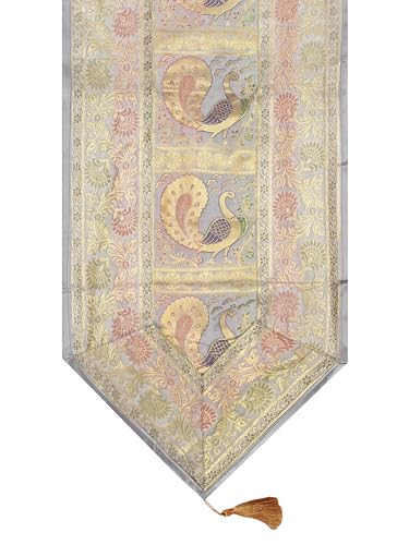 Image of Banarasi Brocade Zari Silk Table Runner Dinning & Centre Table Runner 177 By 30 CM (Grey, Peacock)