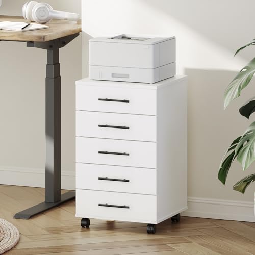 Image of HOOBRO 5-Drawer File Cabinet, Office Filing Cabinet with Drawers, Wooden Mobile Storage Cabinet with Wheels, for Makeup, Home Office, Easy Assembly, White WT05WJ01G1