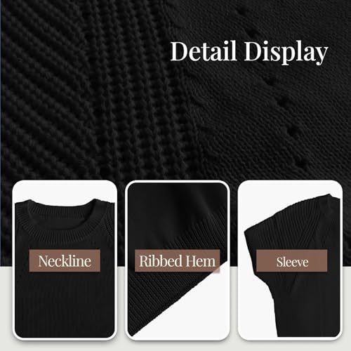 Image of Women's Short Sleeve Top Crew Neck Pullover Trendy Casual Knit Sweater Lightweight Crochet Tops