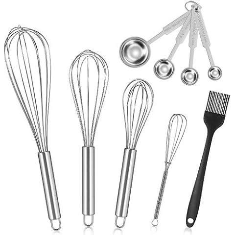 Whisk Set, Stainless Steel Wire Balloon Whisks Non-Stick Manual Egg Beater with Measuring Scoop & Cooking Brush for Kitchen Baking Cooking, Beating, Stirring Cover