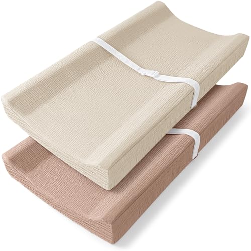 Image of Bearmoss Changing Pad Cover, 2 Pack Muslin [100% Cotton] Diaper Changing Table Covers, 32'' x 16'' Soft Breathable Changing Pad Sheets for Unisex Baby Girls and Boys with Strap Holes (Peanut)