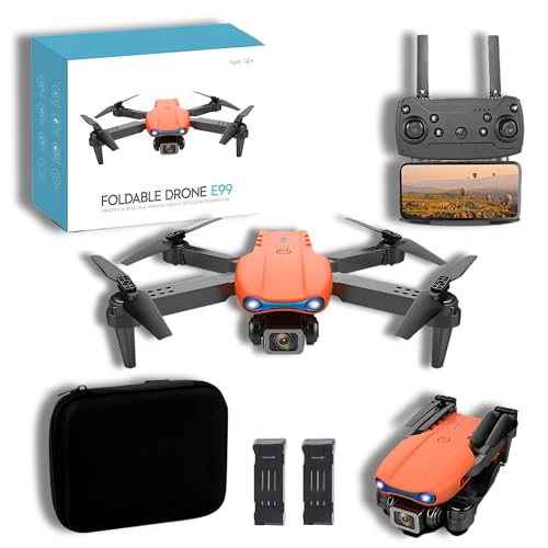 Drones con camara 4k adultos Dron E99 Pro Con 2 Camaras 2 Baterias 20 min Drone Looping 3D Flip 3 Modos Velocidad Aeromodelismo Estable Principiantes Control Remoto Astur Group (Naranja)