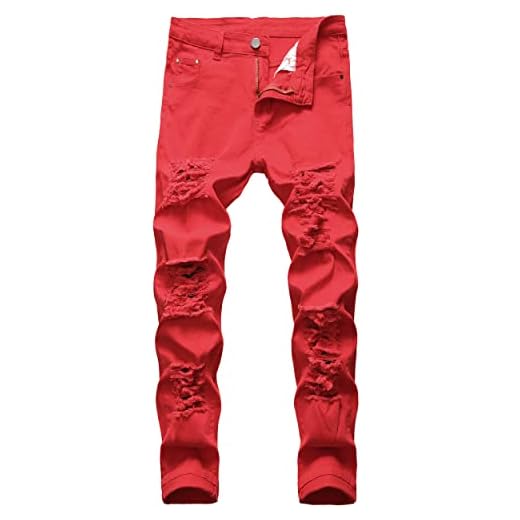 LZNEV Men's Slim Fit Stretch Jeans Ripped Washed Jeans Slim Fit Straight Fashion Denim Pants (499 Red - 32)