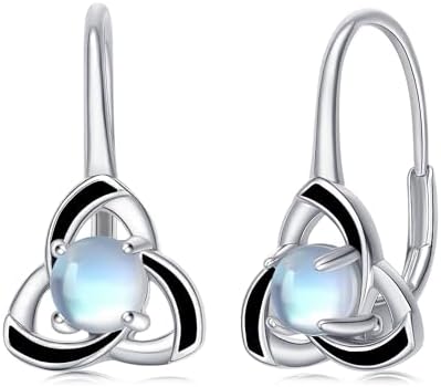 Celtic Earrings 925 Sterling Silver Moonstone Dangle Drop Hoop Earrings Trinity Knot Leverback Earrings Irish Jewelry Gifts for Women Hypoallergenic