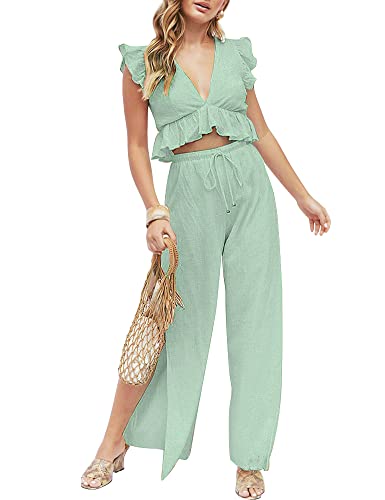 FANCYINN Womens Two Pieces Outfits Deep V Neck Crop Top Side Slit Drawstring Wide Leg Pants Set Jumpsuits Bright Green XL