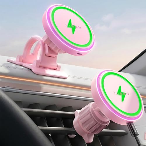 Image of LISEN 15W MagSafe Car Mount Charger,[Light Pink] Magnetic Wireless Car Charger, Dashboard & Air Vent Car Phone Mounts, Car Phone Holder for iPhone 17-12, Samsung, Pixel, Cute Car Accessories for Women | [Light Pink & Purple LED light] Magsafe Car Mount Charger, 2 in 1 Dashborad & Vent Wireless Car Charger for Women