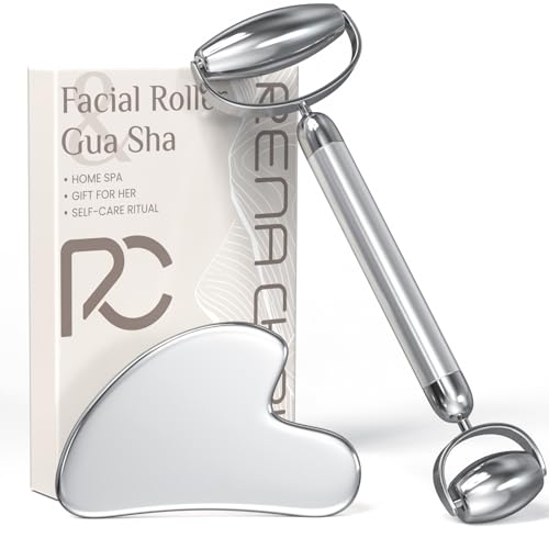 Rena Chris Gua Sha and Face Roller Set: Anti-Breakage Stainless Steel Roller for Long-Lasting Use Jawline Sculpting and Puffiness Reducing Gua Sha Facial Tools for Self Care Gift (Silver)