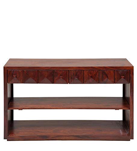 Image of Solid Sheesham Wood Console Table for Living Room | Wooden Side Entrance Fish Tank Table with 2 Shelves & 2 Drawers Storage | Rosewood Mahogany Finish