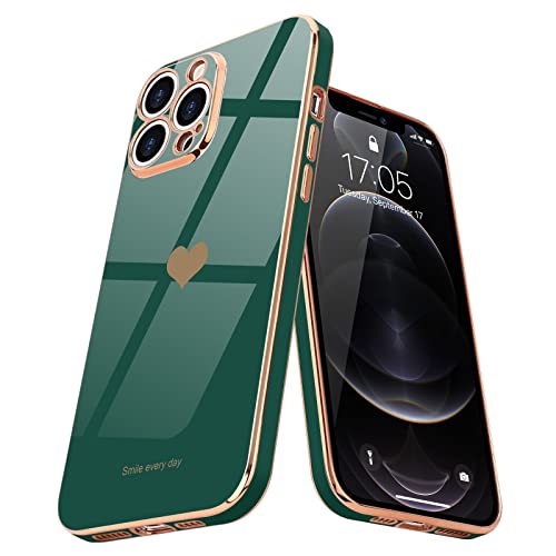 Teageo for iPhone 12 Pro Max Case for Women Girl, Cute Love-Heart Luxury Bling Soft Back Cover, Raised Camera Protection Bumper, Silicone Shockproof Phone Case for iPhone 12 Pro Max, Darkish Green