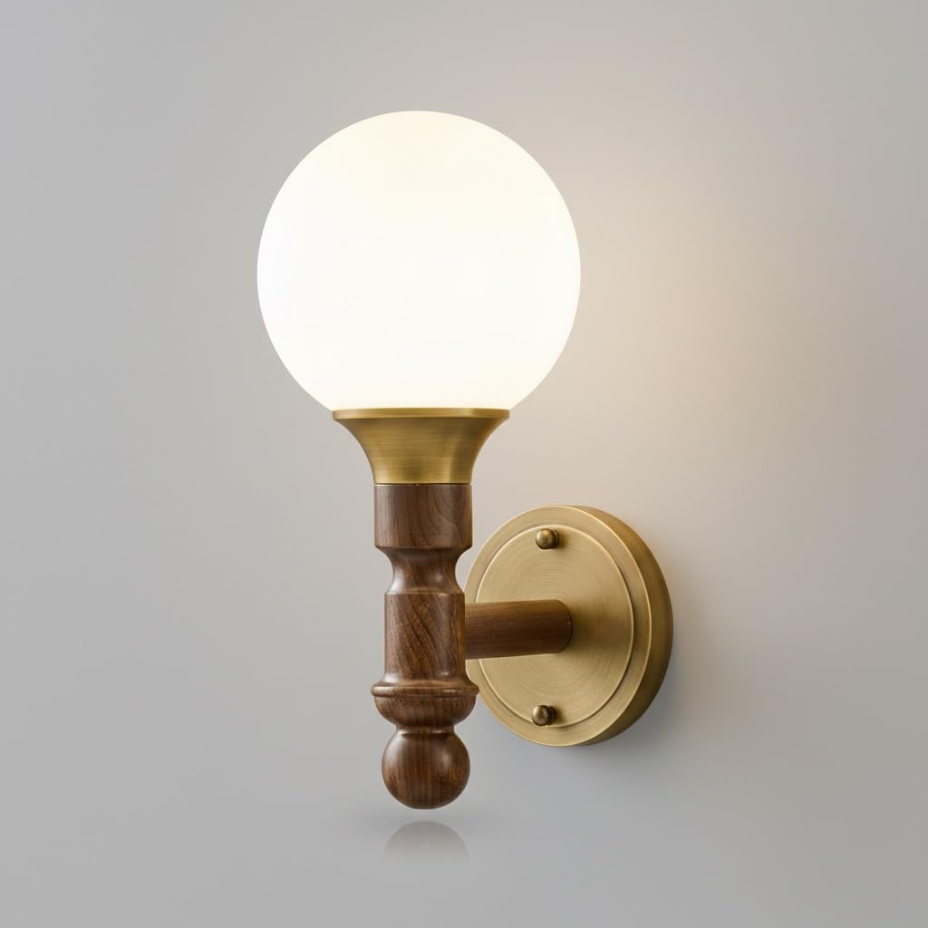 IvyLoutish Premium Brass Wall Sconce, Elegant Frosted Glass Globe Lamp with Turned Black Walnut Wood Pedestal, E27 Hardwired Single Light Fixture, Lighting for Bedroom, Living Room, Dining Room