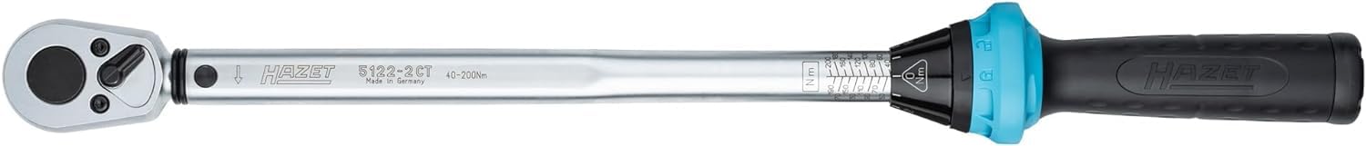 Hazet Drehmomentschlüssel 5122-2CT I Abtrieb: Vierkant 12,5 mm, 1/2 Zoll, Toleranz: 4%, 32 Zähne Betätigungswinkel 11,25 Grad I anwenderfreundliche Umschaltknarre für Auto und Fahrrad I 519mm