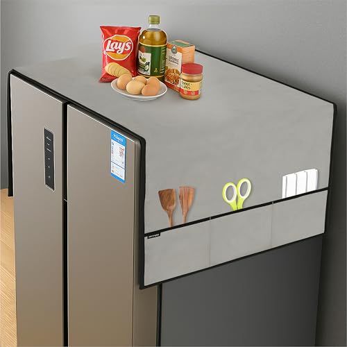 Image of Fridge Cover Top for Double Door Refrigerator - Washable, Water-Resistant Polyester Refrigerator Cover Top with 6 Side Pockets for Kitchen Accessories, Dustproof (Grey)