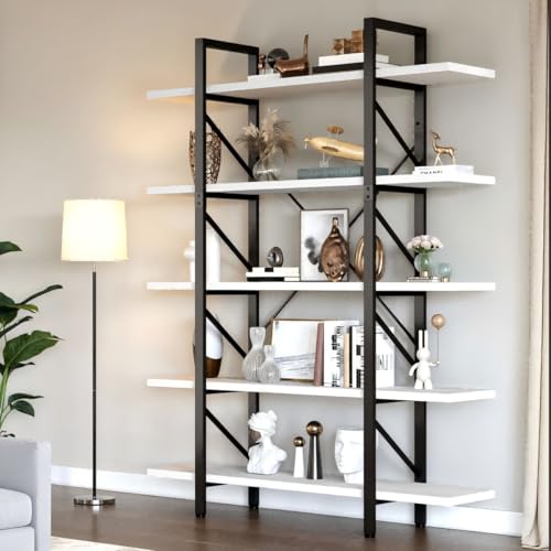 DWVO 5 Tier Tall Bookshelf, 12" D x 47" W x 71" H Large Industrial Book Shelf Vintage Bookcase for Living Room, Bedroom, Home Office, Free Standing Storage Shelving Unit, White