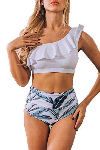 ioiom Womens High Waisted Swimsuit Ruffled Top Tummy Control Bathing Suits White S