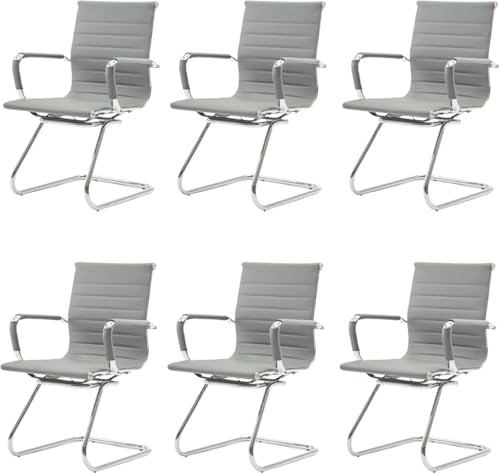 Image of HNY Leather Office Guest Chairs & Reception Chairs Set of 6, Modern Waiting Room Chairs with Arms, Desk Chair no Wheels with Sled Base for Waiting Room /Conference Room, Grey