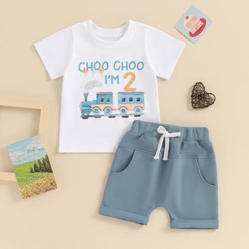 Toddler Baby Boy 2nd 3rd Birthday Outfit Choo Choo I'm Two Train Short Sleeve T-Shirt Tops Shorts Set Summer Clothes4