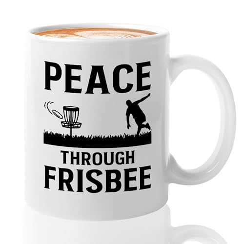 Disc Golf Coffee Mug 11oz White -Peace Through Freesbee - Funny Frisbee Player Coach Disc Golf Basket Gift Hobby Sport Outdoor