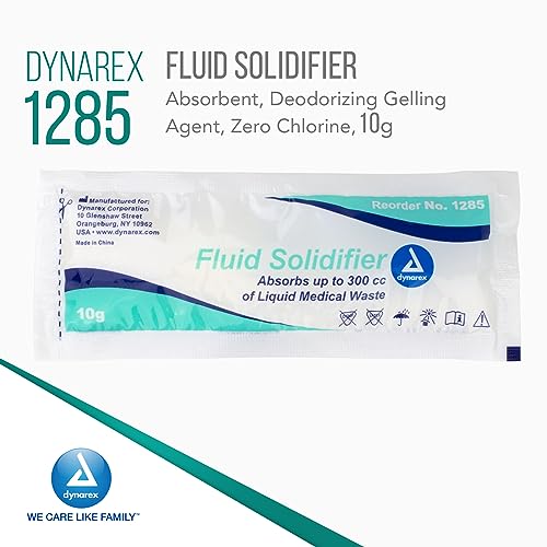 Image of Dynarex Fluid Solidifier Powder - Absorbent & Deodorizing Gelling Agent - Turns Up to 300cc Liquid Waste & Bodily Fluids Into Gel for Disposal - Zero Chlorine - Portable 10g Packets, Bulk 200-Count
