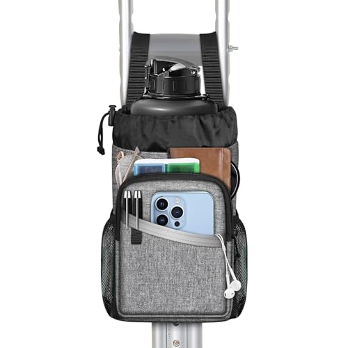 FINPAC Crutch Accessories Bag, Water-Resistant Storage Organizer Tote Bag with Drink Holder and Zipper Pouch for Crutches, Underarm Crutches Attachment, Gray