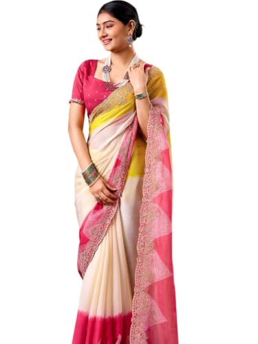 Image of SIRIL Women's Chiffon Bandhani Printed Saree, Sequence Embroidery Border