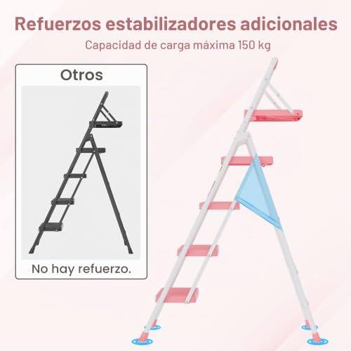 Escaleras plegables de 4 escalones para el hogar, taburete rosa BONTEC de acero con mango suave 7
