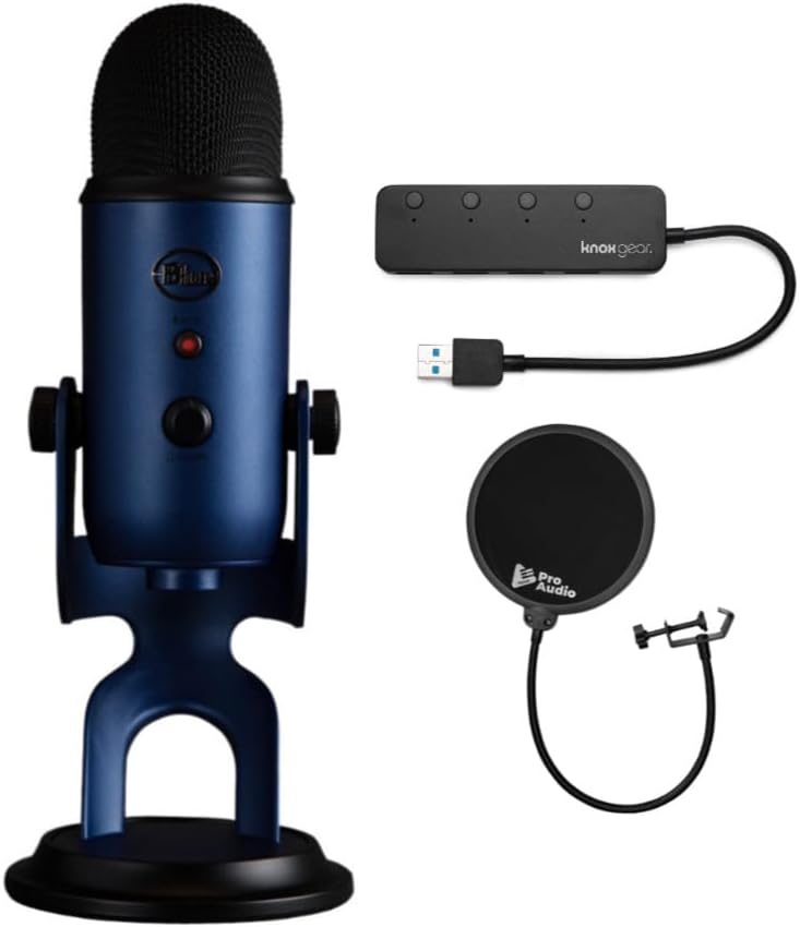 Blue Microphones Yeti USB Microphone Bundle (Midnight Blue) | 4-Port 3.0 Hub, Pop Filter for Broadcasting, Recording, (3 items)
