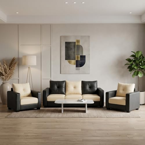 Image of FURNY Heritage 3 Seater + 1 Seater + 1 Seater Leatherette Sofa Set (Black-Cream) | Durable Comfort | Ideal for Living Room