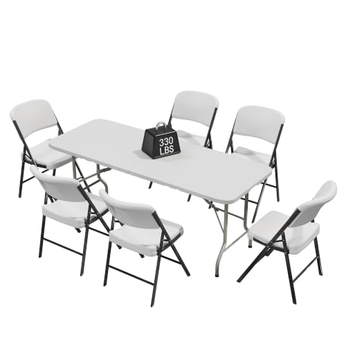 HULKFIT Portable 6-Piece Folding Table and Chairs Set, Heavy Duty 6ft Camping & Party Furniture for Indoor Outdoor Events, White
