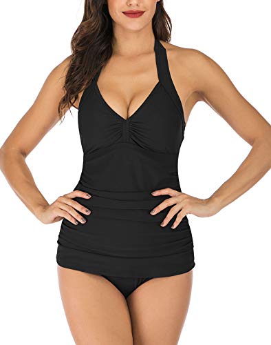 Mingnos Halter Tankini Sets Bathing Suits for Women Tummy Control Swimwear V Neck Swim Tops Slim Ruched Two Piece Swimsuits2
