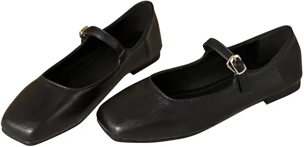 Stunner Mary Jane Square Toe Black Ballet Flats for Women Comfortable Ankle Strap Casual Slip On Flats
