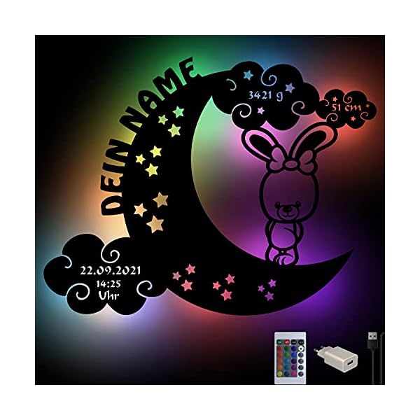 Schlummerlicht Mond-Hase I Personalisiertes Baby-Geschenk zur Geburt & Taufe LED Beleuchtung | Holz Natur I… – Bild 8