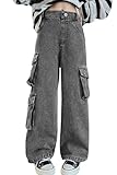 Girls Grey Multi-Pocket Cargo Jeans Baggy Waist Wide-Leg Jeans, B1-Gray, B1-Gray, 8-9 Years = Tag 140