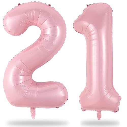 Image of 21 Balloons Number, Giant Pastel Pink Number 2 & 1 Helium Foil Balloon for Women 21st Birthday Decor, 40 Inch Self Inflating Mylar Number 21 Balloons for Girls Anniversary Party Decorations Supplies