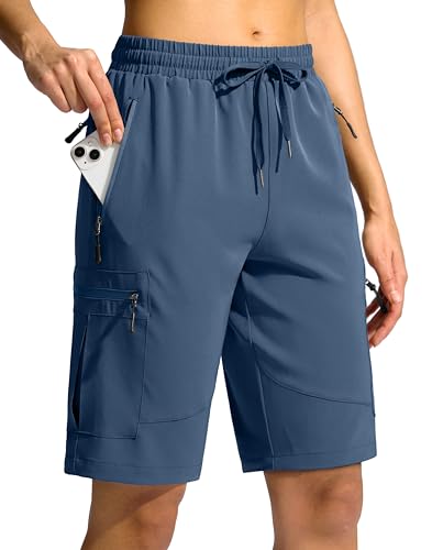 SANTINY Women's 10'' Lightweight Hiking Cargo Shorts with 5 Zipper Pockets Quick Dry Summer Long Travel Golf Shorts for Women (Dusty Blue_L)